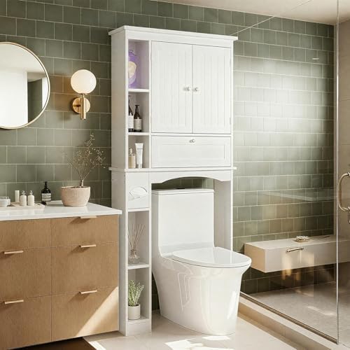 Giantex Over The Toilet Storage Cabinet, 31.5''W Freestanding Space Saver with Doors, Adjustable Shelf & Toilet Paper Holder, Over Toilet Bathroom Organizer for Laundry, Restroom, White by Giantex