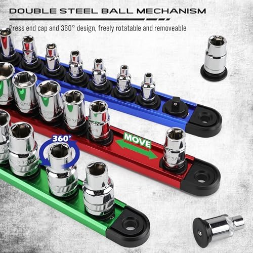 Magnetic Socket Holder Organizer Set: 9-Piece Detachable 1/4, 3/8, 1/2 Socket Trays Socket Organizer for Tool Box Drawer Holds 120-Piece Standard Size Sockets for Automotive Garage(Blue Red Green) - Image 3