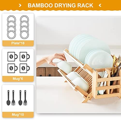 Bamboo Dish Drying Rack, 3-Tier Collapsible Wooden Dish Rack with Utensil Holder, Bamboo Dish Drainer Rack for Kitchen Counter 25pcs - Image 3