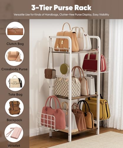 3-Tier Purse Organizer Rack, Iron & Wood Floor-Standing Bag Storage Holder with Adjustable Side Basket and Hook Handbag Organizers Display Stand Shelf for Closet, Bedroom, Entryway, White - Image 5