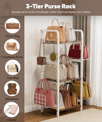 3-Tier Purse Organizer Rack, Iron & Wood Floor-Standing Bag Storage Holder with Adjustable Side Basket and Hook Handbag Organizers Display Stand Shelf for Closet, Bedroom, Entryway, White - Image 5