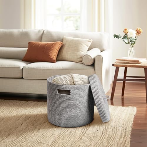 Storage Basket with Lid, Woven Blanket Storage for Living Room, Soft Cotton Rope Bin with Lid, Round Wicker Laundry Basket with Cover, Lidded Kid Dog Toy Box, Nursery Organizer, 15"x13", Gray - Image 6