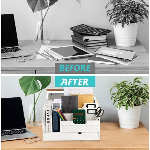Wood Mail Organizer Countertop, 6 Compartments with Drawer, White - Image 7