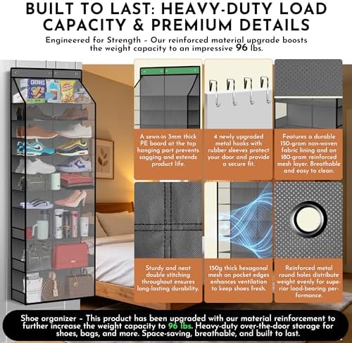 PAULONE Over the Door Organizer Heavy Duty – 96 Lbs Capacity 20 Pair Shoe Rack with Multi-Size Pockets Fits Tall Boots up to 11.8", Breathable Mesh, Metal Hooks – Also for Bags, Toys, Toiletries - Image 4