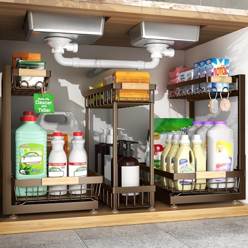 Sevenblue 3-Pack 2-Tier Height Adjustable Under Sink Organizer, Brown by Sevenblue