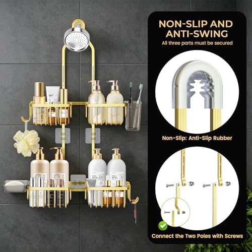 Adjustable Hanging Shower Caddy for Handheld Showerhead, Rustproof Aluminum Over Shower Head Organizer, Renter-Friendly No-Swing Storage for Tall Bottles & Soap, 2-Tier, Gold - Image 6