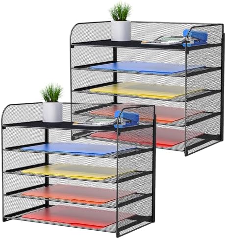 2 Pack Legal/A4/Letter Size Desk Paper Organizer Desktop File Organizer Document Sorter, 5 Tier Mesh Letter Tray File Folder Holder Office Accessories Organization by Vanulee