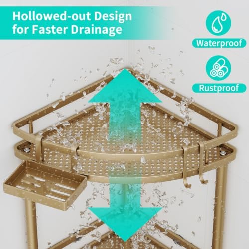 HapiRm Standing Corner Shower Caddy - 3 Tier Shower Organizer Corner with Soap Holder and 4 Hooks, Rustproof Bathroom Storage Shelves with Adhesives, Gold - Image 3