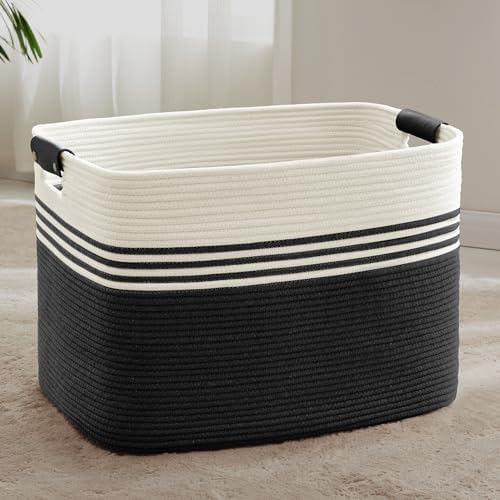 100L Large Woven Laundry Basket Hamper with Leather Handles,Black by SunNewt