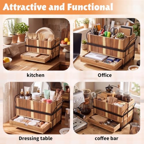 Qunclay Acacia Wood Silverware Caddy with Drawer, 4 Compartments - Image 5