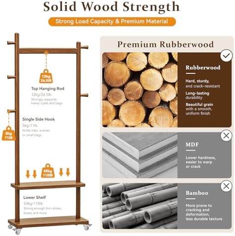 Taitiy Coat Rack Freestanding Solid Wood Clothes Rack with Wheels - Image 2