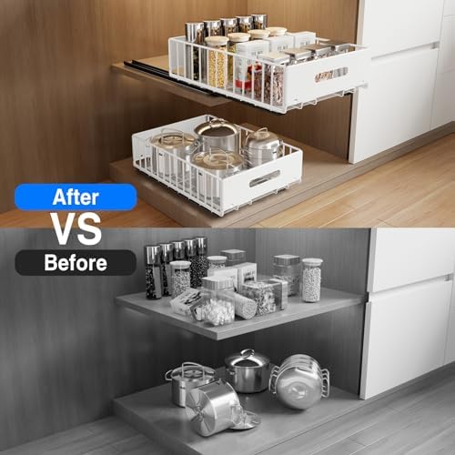 MUSTORN 2 Pack Pull Out Cabinet Organizer, Slide Out Cabinet Drawers Peel and Stick Pull Out Drawers Heavy Duty Pull Out Shelf for Kitchen, Cupboard, Pantry, Bathroom (16.5" D*11.8" W*3.94" H-White) - Image 5