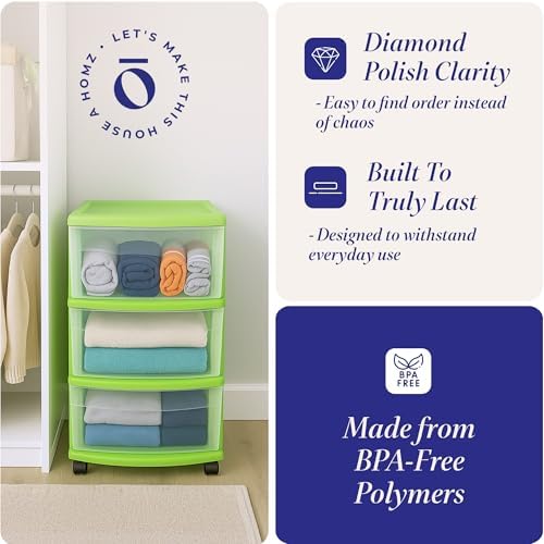 HOMZ Drawer Tower, 3-Tier Storage Cart with Removable Wheels, Bold Lime - Image 4
