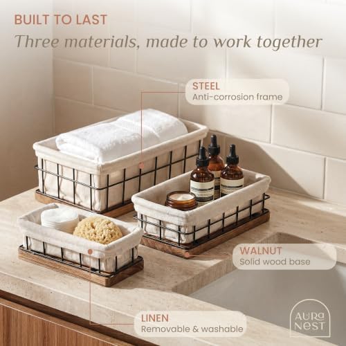 Set of 3 Decorative Basket Organizers, Sturdy Rustic & Farmhouse Decor Metal Wooden Baskets for Organizing, Wire with Liner, Perfect as Home, Kitchen or Bathroom Organizer - Image 3