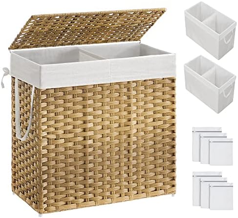SONGMICS Laundry Hamper with Lid, 130L Double Wicker Basket, 6 Mesh Bags by SONGMICSbySONGMICSHOME