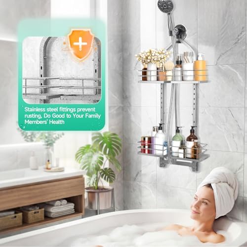 Shower Caddy Hanging for Handheld Showerheads Adjustable Hagging Shower Caddy, Stainless Steel Hose Hanging Shower Organizer 4 Levels Height Shower Rack (Sliver) - Image 4