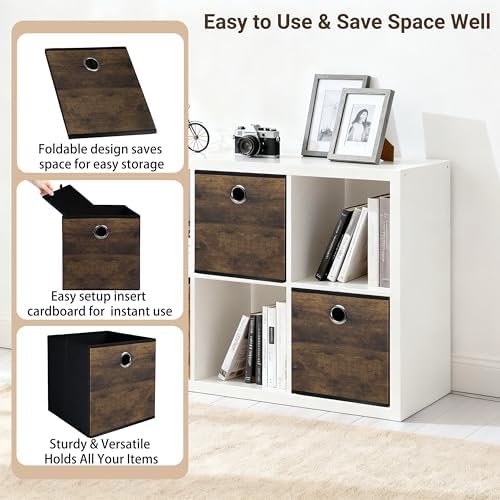 6-Pack Durable Cube Storage Bin with Decorative Wood Grain,Thickened Fabric Storage Basket Space-saving Cubby Boxes for Shelves,Closet,Bedroom,Office,Nursery,Dorm,RV, 12x12x12in (Medium - Image 3