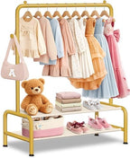 Kids Gold Clothing Rack - Dress Up Clothes Rack - Baby Toddler Closet - Freestanding Coat Racks with 2 Fabric Shelves - Small Kids Costume Wardrobe - Garment Rack for Hanging Clothes Organizer by MirolamUS