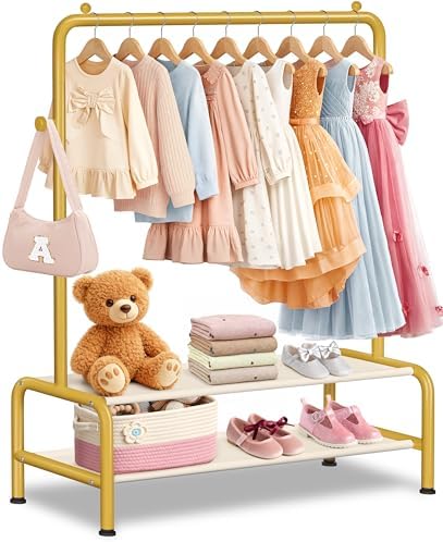 Kids Gold Clothing Rack - Dress Up Clothes Rack - Baby Toddler Closet - Freestanding Coat Racks with 2 Fabric Shelves - Small Kids Costume Wardrobe - Garment Rack for Hanging Clothes Organizer by MirolamUS