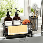Kitchen Soap Dispenser Set with Sponge Holder and Towel Rack, 17OZ Glass Bottle, Hand and Dish Soap Dispenser Set, Non-Slip Silicone Pad, Brush Holder, Kitchen Sink Caddy Organizer Countertop (Amber) by Unknown