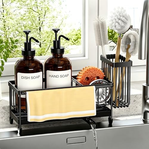 Kitchen Soap Dispenser Set with Sponge Holder and Towel Rack, 17OZ Glass Bottle, Hand and Dish Soap Dispenser Set, Non-Slip Silicone Pad, Brush Holder, Kitchen Sink Caddy Organizer Countertop (Amber) by Unknown