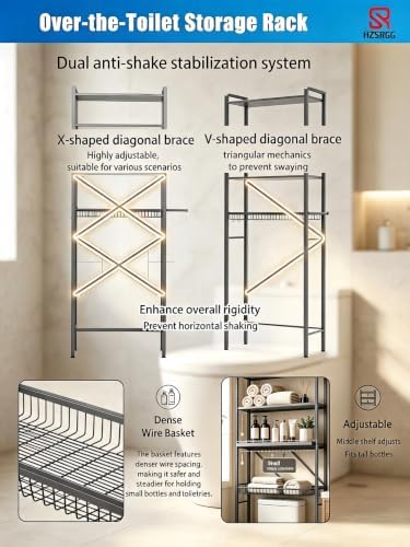Over The Toilet Storage Cabinet, 4-Tier Bathroom Organizer (Grey) - Image 2
