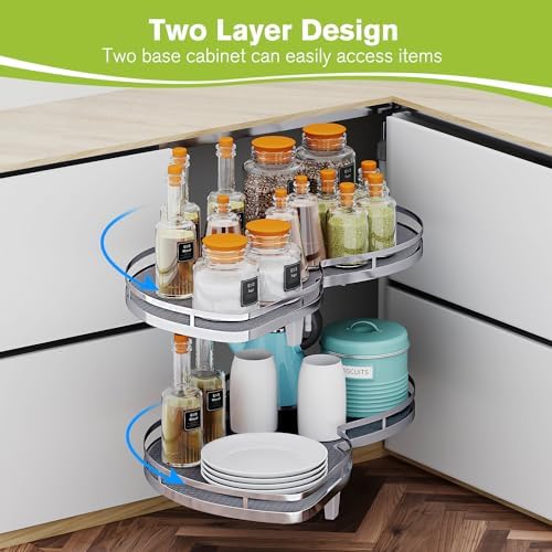 Blind Corner Cabinet Pull Out Organizer, Soft Close Swing Left Pull Out Cabinet Organizer 26 inch, Corner Cabinet Lazy Susan for Cabinet Blind Shelf, 2 Tiers Tray, Adjustable Height - Image 3