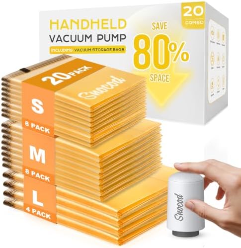 Vacuum Storage Bags with Electric Pump, 20 Reusable Compression Bags for Clothes, Bedding and Travel, Space Saving Storage Bags for Closet and Home Organization, White by SNOCOD