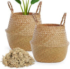 Knitgrip Large Wicker Plant Basket with Handle 10 Inch Woven Seagrass Belly Basket and Artificial Moss for House Plants Picnic Grocery Laundry Storage Home Decor(Large,Original,2 Pack) by Knitgrip