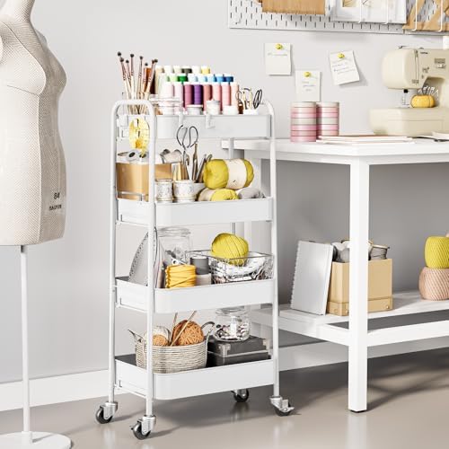 TOOLF 4 Tier Metal Rolling Cart, Utility Storage Cart with Wheels, White - Image 2