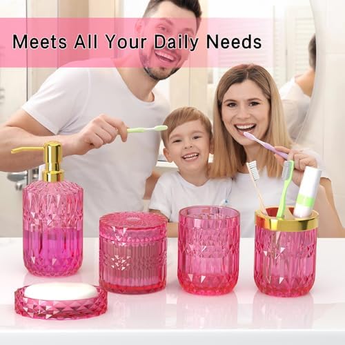 Hot-Pink Glass Bathroom Accessories Set 5 Pcs, Hot-Pink Bathroom Set, Soap Dispenser and Toothbrush Holder Set, Qtip Holder Set, Vintage Bathroom Sink Set, Cute Bathroom Decor - Image 2