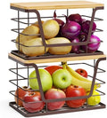 ALOCEO 2 Pack Stackable Wire Storage Basket with Bamboo Lid, Trash Bag Dispenser Under Sink for 4-13 Gal Bags, Kitchen Storage Bins for Potato and Onion, Brown by ALOCEOWallHooksAdhesive