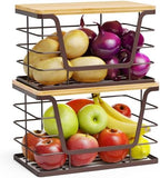 ALOCEO 2 Pack Stackable Wire Storage Basket with Bamboo Lid, Trash Bag Dispenser Under Sink for 4-13 Gal Bags, Kitchen Storage Bins for Potato and Onion, Brown by ALOCEOWallHooksAdhesive