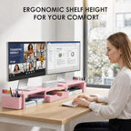 OPNICE Desk Organizers and Accessories, Dual Monitor Stand Riser with Drawer and 2 Pen Holders, Desk Shelf Printer Stand for Office Workspace Organizers, Desktop Organization (Light Pink) - Image 2