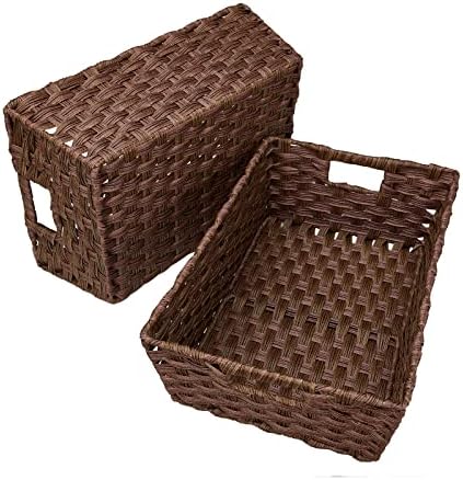 Onlytak Large Wicker Storage Basket, Metal Frame, Set of 2, Washable Waterproof, 15" x 10.3" x 5.2", Brown Color, Woven Basket for Pantry, Toilet, Bathroom, Bedroom, Patio - Image 3