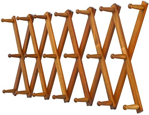 Dseap Accordian Wall Hanger: 16” High Wooden Wall Expandable Coat Rack, Hat Rack Holder, Accordion Hook for Baseball Caps, Coats, Mugs, 20 Peg Hooks, Brown by Dseap