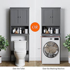 Over the Toilet Storage Cabinet, Bathroom Storage Cabinet Over Toilet with 2 Wood Doors, Freestanding Space Saver, Adjustable Shelf & Open Shelf, Grey - Image 6