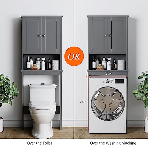 Over the Toilet Storage Cabinet, Bathroom Storage Over Toilet with Two Doors and Adjustable Shelf, Space Saver with Open Shelf, Gray - Image 5