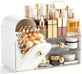 HBlife Makeup Organizer Countertop with Drawers, Vanity Organizers with Brush Holder, Bathroom Counter Organizer for Perfume, Nail Polishes, Lipsticks, Skincare and Eyeshadow Palettes, White and Clear by HBlife
