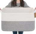 Goodpick 75L Extra Large Woven Rope Blanket Basket, Rectangle, Light Gray by Goodpick