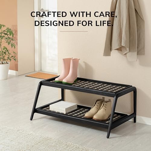 Anji Mountain Heavy Duty Waterproof Wooden Shoe Storage Mat Organizer/Boot Storage Tray Multi Use for Entryway with Coir, Gray and Ivory Insert, 2 Tier, Fits 6 Pair (36.5" Wide) - Image 5