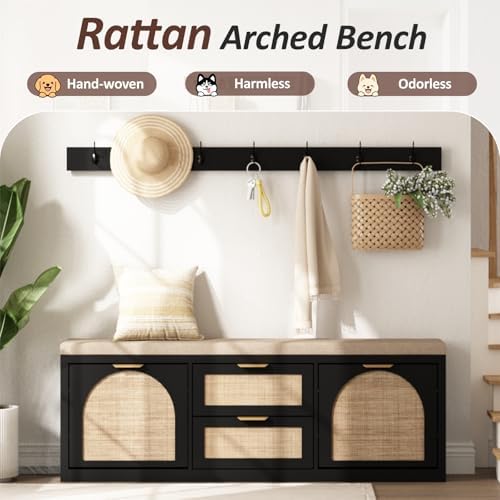 Rattan Narrow Entryway Bench with Shoe Storage, 4 Drawers & Coat Rack, Mid-Century Modern Wood Shoe Cabinet with Seat Cushion for Foyer/Hallway (Black) - Image 3