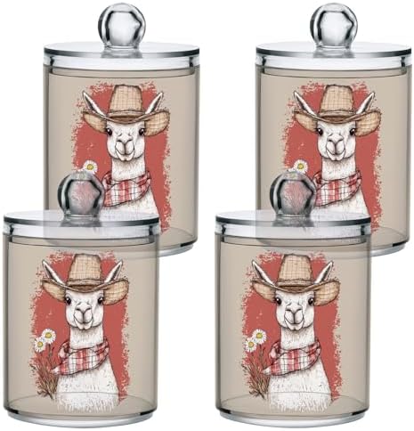 Fustylead 4 Pack Funny Llama in Cowboy Hat and Daisy Qtip Holder Dispensers, Bathroom Storage Canister Plastic Apothecary Jar Set for Cotton Swabs, Ball, Pads, Floss by Fustylead