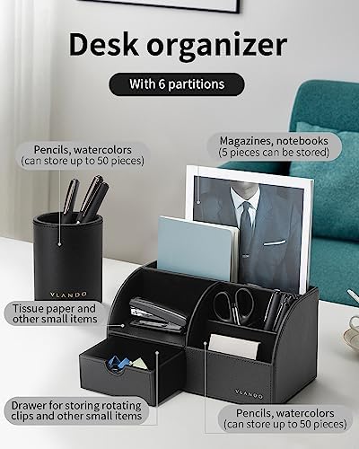VLANDO 2 Pcs PU Leather Desk Caddy Set with Drawer,Pen Holder - Image 4