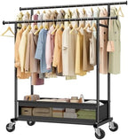 Clothes Rack 210 LBS Double Rods Extra Storage Basket by Snhomee