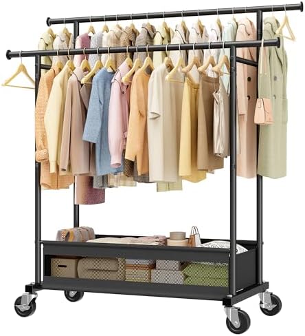 Clothes Rack 210 LBS Double Rods Extra Storage Basket by Snhomee