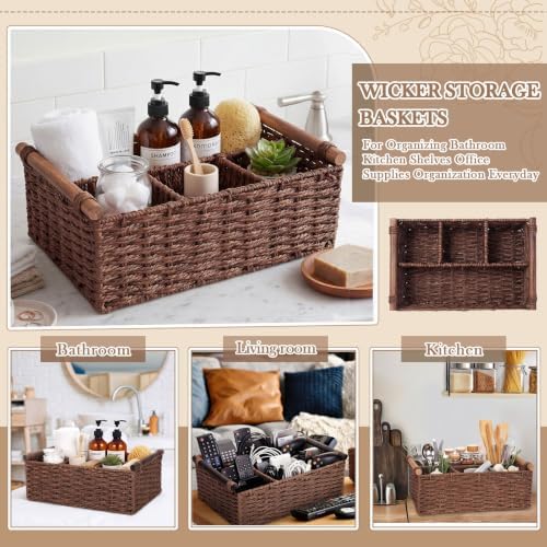 Remerry Brown Bathroom Countertop Organizer Caddy, Wicker-like Divided Basket with Handle and Metal Frame, 4 Compartment, Paper Rope Storage Organizer for Vanity Kitchen (15.35 x 10.24 x 6.3 in) - Image 4