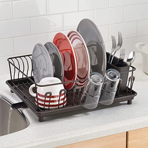 mDesign Alloy Steel Sink Dish Drying Rack Holder with Plastic Swivel Spout Drainboard Tray - Dish Rack/Dish Drainer Storage Organizer for Kitchen Counter - Concerto Collection, Bronze - Image 4
