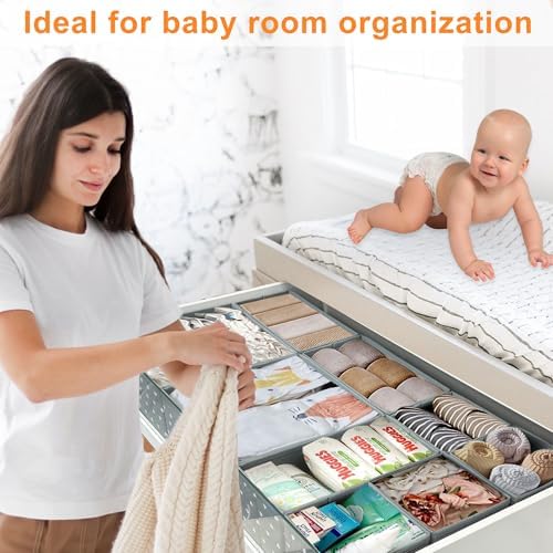 12 Pack Baby Clothes Organizer for Nursery Drawer - Foldable Fabric Dresser Dividers & Storage Bins for Diapers, Onesies, Accessories - Mydou Tidy Grey Heart Decorative Organizers - Image 2