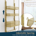 Consumest Over The Door Hooks Organizer - 4 Tier Door Coat Rack with 3 Baskets & 12 Hooks, Stainless Steel Towel Hanger for Bedroom, Bathroom, Living Room, Gold - Image 2